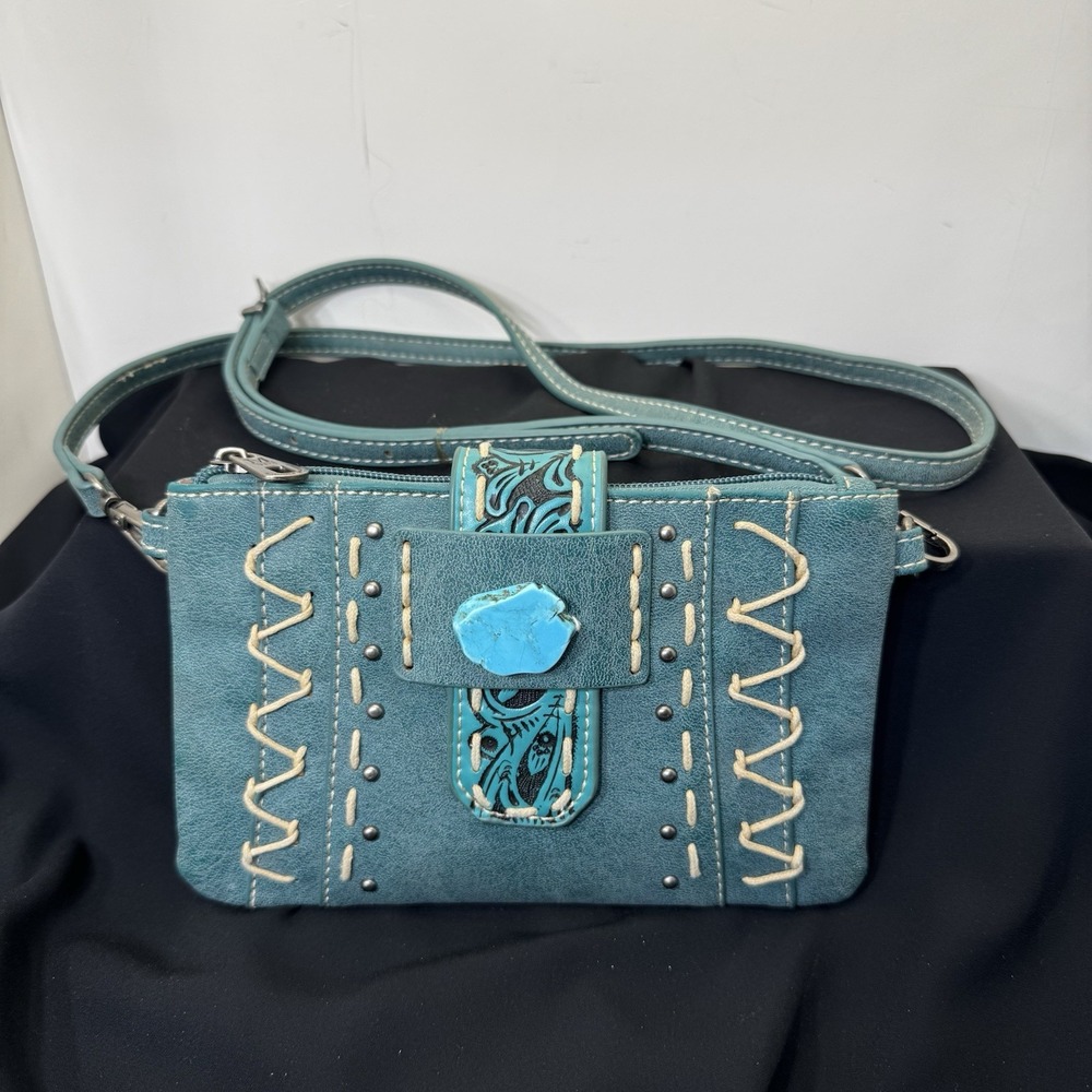 Montana West Crossbody Purse Western Tooled Stitching Turquoise Appearance